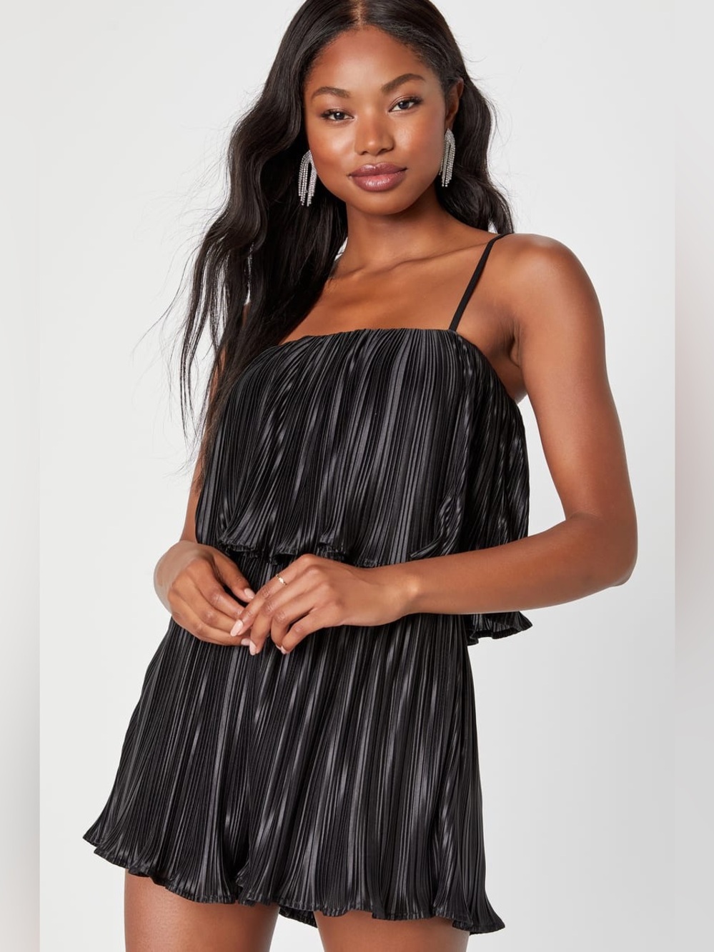 Lulus Fun Flirt Black Satin Plisse Sleeveless Romper Pleated Formal Event Party